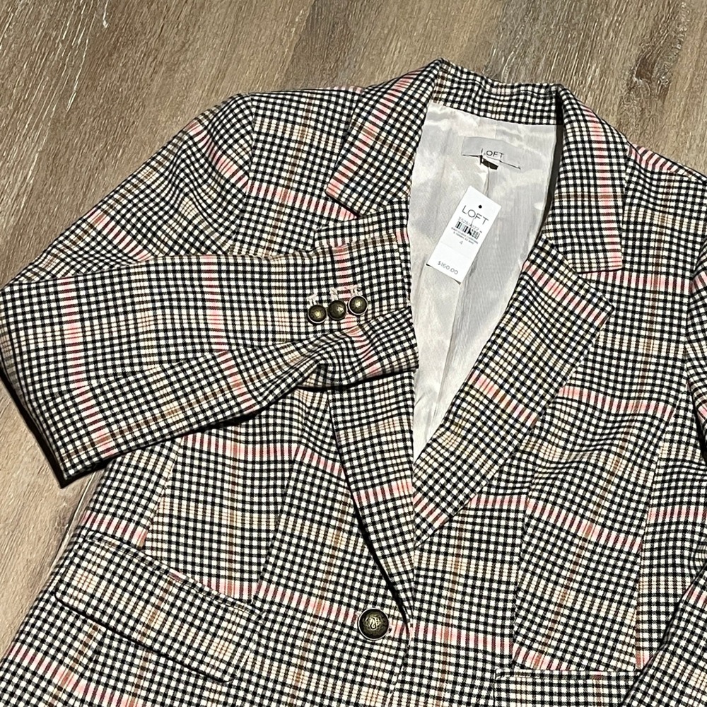 LOFT Plaid Blazer Size‎ 4 Pink Beige Brown Black Check Career Business Coat $160